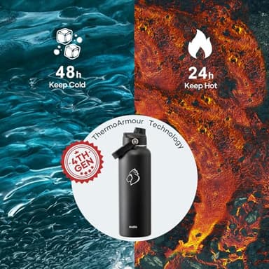 BUZIO 40oz Insulated Water Bottle, Triple Wall Vacuum Stainless Steel Water Flask with 2 lids, Lead-Free BPA-Free Straw Lid Sports Canteen Jug, Cold 48H & Hot 24H- Black - Image 2