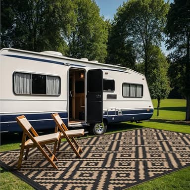 GENIMO Outdoor Rug for Patio Clearance, 10'x14' Waterproof Large Camping Mat, Reversible Plastic Straw Rugs for RV, Camper, Balcony, Backyard, Picnic, Deck (Black & Brown) - Image 3