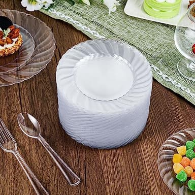 FOCUSLINE 100 Count 6 Inch Clear Plastic Plates, Disposable Heavy Duty Salad Dessert Plates- Premium Hard Plastic Plate Fancy Disposable Clear Plate for Weddings, Parties and Events - Image 7