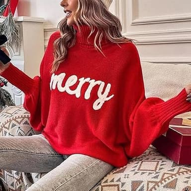 Women Merry Christmas Sweater 2025 Funny Holiday Knitted Sweaters Oversized Turtleneck Batwing Sleeve Xmas Pullover Tops Red - Image 5