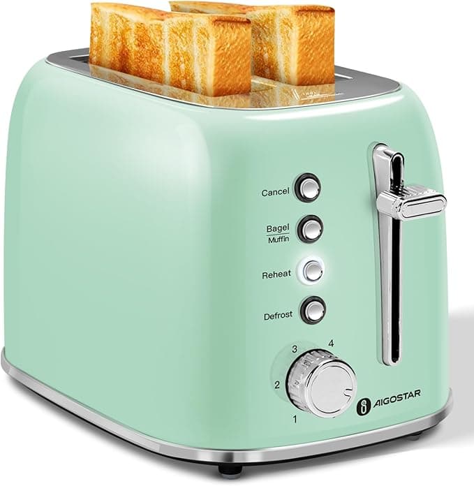 Aigostar Toaster 2 Slice Retro Toaster Stainless Steel, 1.6 inch Extra Wide Slots Bread Toaster Bagel, Cancel, Defrost Function, 6 Shade Settings & Removable Crumb Tray for Bread Waffle, Aqua Green - Image 1