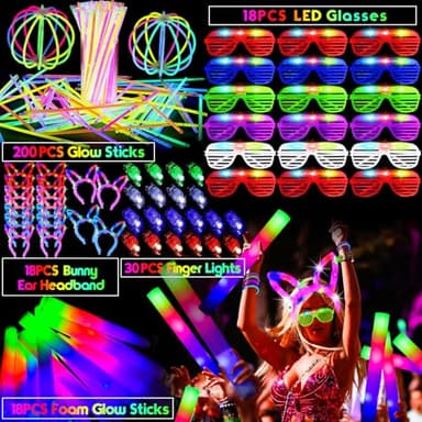 HHJ 284 PCS Glow in The Dark Party Supplies with 200 Glow Sticks 20 Led Glasses 20 Finger Lights 20 Hair Clips Fiber Optic Glow Party Favors for Birthday Wedding Concert 4th of July (284) - Image 2
