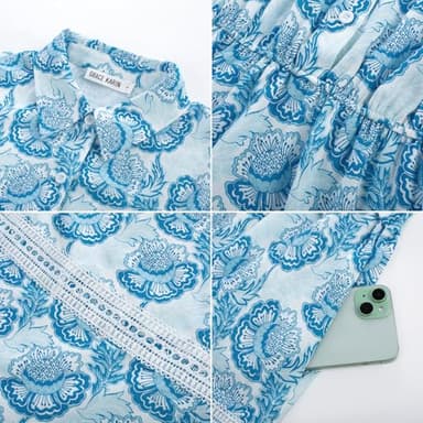 GRACE KARIN Women's 2025 Summer Floral Flowy Dresses Boho Tie Belt Short Puff Sleeve A Line Maxi Shirt Dress with Pocket White Blue Large - Image 8