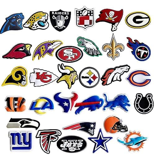 CVNIOWQ 32PCS Football Teams Charms Shoe Decoration PVC Cute Clog Pins Shoe Bracelet Wristband Birthday Party Favors Supplies Christmas Gifts