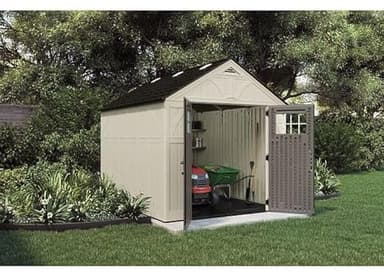 Suncast 8’x10’ Tremont Resin Shed, Vanilla & Slate – Backyard Storage Unit with Skylights, Corner Shelves, Reinforced Floor & Double Doors – Store Lawn Mower, Garden Equipment & Outdoor Tools - Image 2