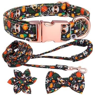 Hilkycton Dog Collar and Leash Set with Flower Bow Tie Girls Dog Collar Metal Buckle Adjustable for Small Medium Large Dogs Skull Skeleton-M - Image 1