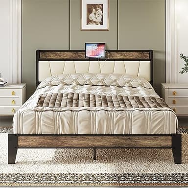 LIKIMIO Queen Bed Frame, Storage Headboard with Charging Station, Solid and Stable, Noise Free, No Box Spring Needed, Easy Assembly (Walnut and Beige) - Image 9