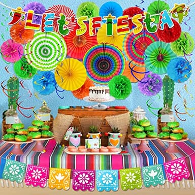 [ 5 Varieties ] 38 Pieces Cinco De Mayo Party Decorations, Fiesta Decorations Mexican Theme Party Supplies, Papel Picado Banner Paper Fans Pom Poms Hanging Swirls for Taco Tuesday Luau - Image 2