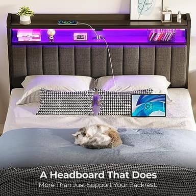 Rolanstar Headboard for Queen Size Bed with Storage, 60,000 DIY Color of LED Light, Head Board with USB & Type C Port, Height Adjustable, Black Upholstered Cabeceras de Cama Comfortable Modern, Linen - Image 7
