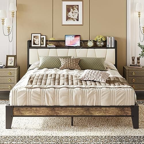 LIKIMIO Queen Bed Frame, Storage Headboard with Charging Station, Solid and Stable, Noise Free, No Box Spring Needed, Easy Assembly (Walnut and Beige) - Image 1