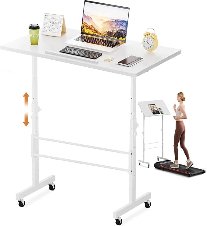 COMHOMA Small Standing Desk Adjustable Height & Tiltable Tabletop, Mobile Stand Up Desk for Laptop, Portable Computer Table for Home Office Work and Walking Pad Treadmill, Height 30.7"-46.4", White - Image 1