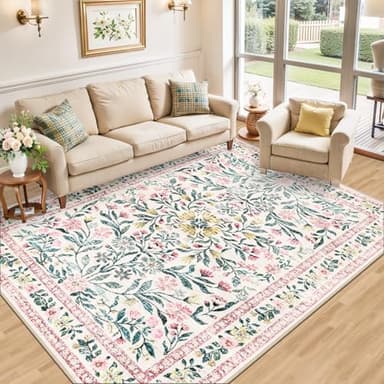 Area Rugs 9x12 Living Room: Floral Washable Rug Vintage Large Soft Boho Non-Slip Carpet Indoor Stain Resistant Low Pile Carpets for Bedroom Dining Room Farmhouse Nursery Hallway Home Office Pink Green - Image 2