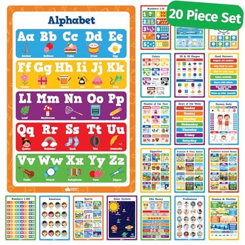 Classroom Educational Posters - 20pcs 16” x 11” - Teacher Classroom Must Haves Supplies Essentials - ABC Alphabet Poster School Supplies - Elementary Kindergarten Preschool Learning Activities - Image 1