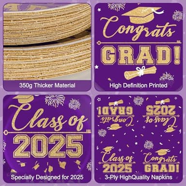 Graduation Plates and Napkins 2025 Graduation Party Supplies, Class of 2025 Congrats Grad Disposable Paper Plates Cocktail Napkins Set for Purple Gold 2025 Graduations Party Decorations Sets, Serve 50 - Image 4