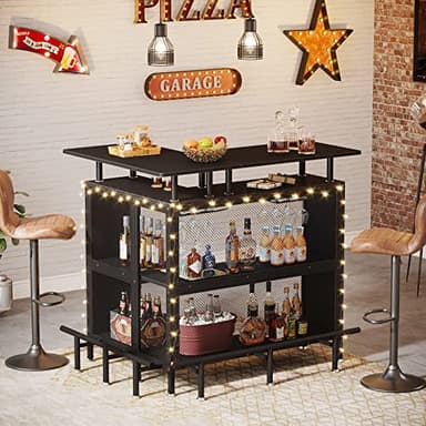Tribesigns Home Bar Unit, L-Shaped Bar Table with Stemware Racks and 2-Tier Shelves, Corner Mini Coffee Liquor Cabinet with Footrest for Home/Kitchen/Pub, Black - Image 4