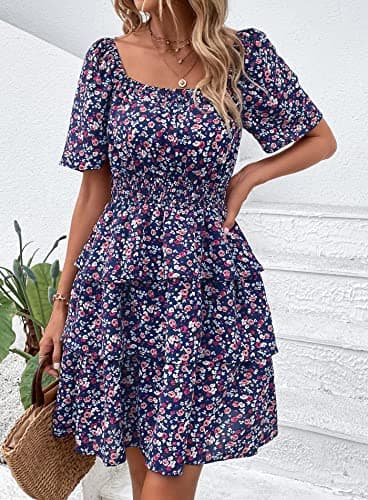 PRETTYGARDEN Women's 2025 Floral Summer Short Dress Square Neck Short Sleeve Tiered Ruffle Boho Swing Dresses (Blue Purple Floral,Medium) - Image 7