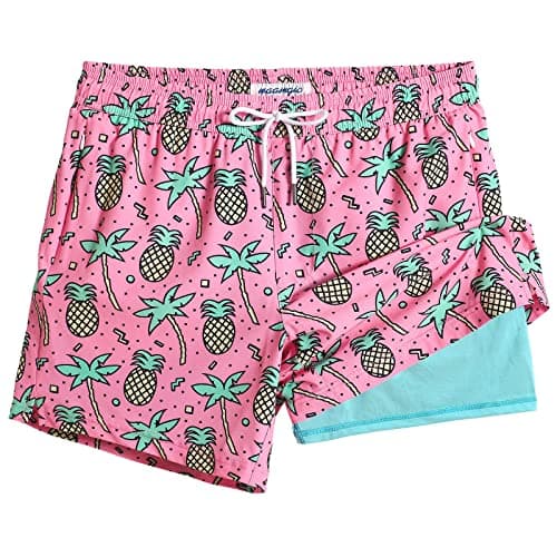 maamgic Mens Swim Trunks with Compression Liner 5" Stretch Beach Shorts Quick Dry with Zipper Pockets No-Chafing Board Shorts Pink-Palm Pineapple L - Image 1