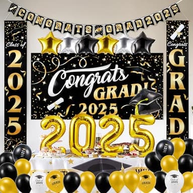 JOYIN Graduation Party Decorations Class of 2025, Black & Gold Grad Celebration Supplies Set with Backdrop Banner, Porch Sign, Balloons, Foil Number 2025, Hanging Strip for High School College Grad - Image 6