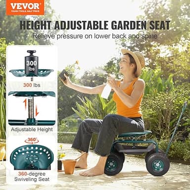 VEVOR Garden Cart Rolling Workseat with Wheels, Gardening Stool for Planting, 360 Degree Swivel Seat, Wagon Scooter with Steering Handle & Utility Tool Tray, Use for Patio, Yard, and Outdoors, Green - Image 2