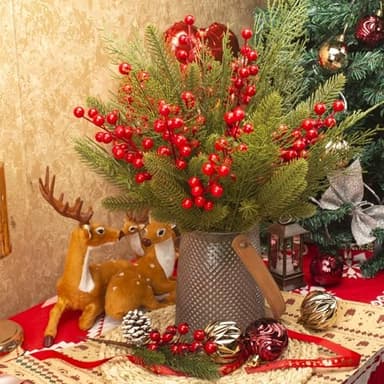 Grunyia 90 PCS Artificial Pine Branches Cedar Stems with Red Holly Berries - Perfect Faux Pine Greenery Stems for Christmas Tree, Wreath & Garland DIY Crafts Holiday Home Decoration - Image 5