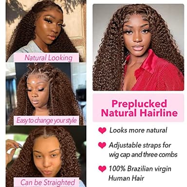 ghotool 200% Density Mongolian Curly Lace Front Wigs Human Hair 13x6 Auburn Brown HD Transparent Lace Front Wigs Human Hair for Women With Baby Hair Chocolate Deep Curly Lace Front Wigs - Image 5