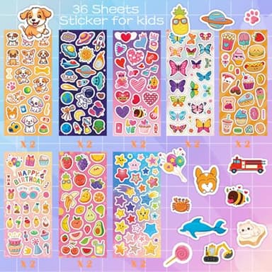 KARSLORA 36 Sheets Stickers for Kids, 800+ Stickers for Scrapbooking Including Animals, Fruits, Dinosaurs, Hearts, Cats, Fish, Cars, Space and More, Party Favors for Kids - Image 3