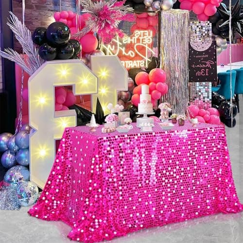 LuoluoHouse Sequin Tablecloth Rectangle Table: 50x106 Inch Payette Fabric Hot Pink Table Cloth for Birthday Parties Birthday Valentine's Day Decorations - Image 1