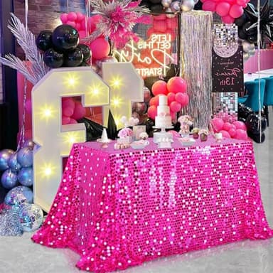 LuoluoHouse Sequin Tablecloth Rectangle Table: 50x106 Inch Payette Fabric Hot Pink Table Cloth for Birthday Parties Birthday Valentine's Day Decorations - Image 1