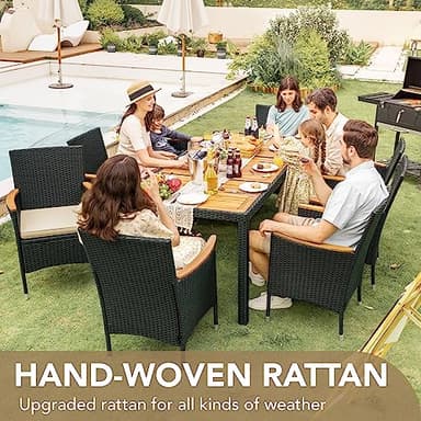 Devoko Outdoor Patio Dining Sets 9 Pieces Wicker Outdoor Dining Table and Chairs Set with Acacia Wood Table Top and Widened Armrests for Backyard, Garden, Deck (Black) - Image 5