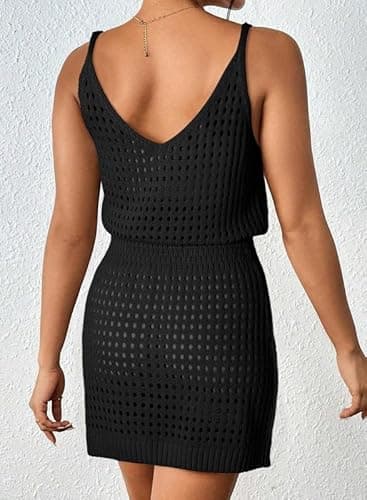 Dokotoo Swimsuit Women Cover Up 2025 Summer Casual Scoop Neck Sleeveless Crochet Hollow Out Womens Spaghetti Straps Knit Dress Beach Sweater Clothes Swimwear Hawaiian Dresses Black X-Large - Image 2