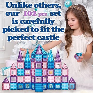 Little Pi 102pcs Frozen Princess Castle Magnetic Tiles Building Blocks - 3D Diamond Blocks, STEM Educational Toddler Toys for Pretend Play, 4 Year Old Girl Birthday Gifts Kids Ages 3 5 6 7 8 - Blue - Image 2