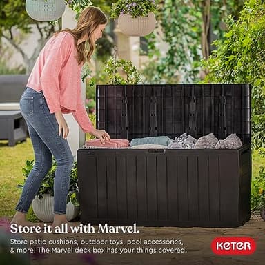 Keter Marvel Plus 71 Gallon Resin Outdoor Storage Box for Patio Furniture Cushions, Throw Pillows, Garden Tools and Pool Floats, Brown - Image 2