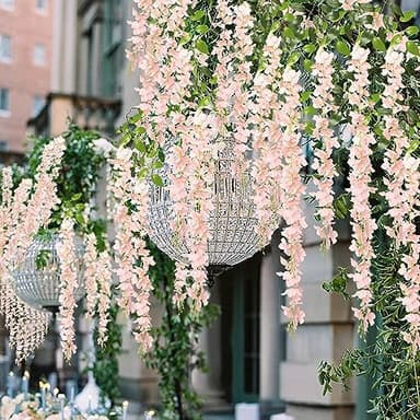 Pauwer Wisteria Hanging Flowers 24 Pack Fake Flower Garland Artificial Wisteria Vines Rattan Silk Flower String Wedding Party Wall Decorations,Blush Pink - Image 8