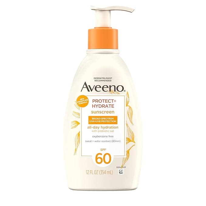 Aveeno Protect + Hydrate Sunscreen Moisturizing Lotion with Prebiotic Oat, Broad Spectrum SPF60, Paraben, & Oil Free, Weightless, Water & Sweat Resistant (80-min) for Sensitive Skin, 12 Fl Oz - Image 1