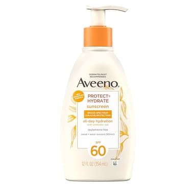 Aveeno Protect + Hydrate Sunscreen Moisturizing Lotion with Prebiotic Oat, Broad Spectrum SPF60, Paraben, & Oil Free, Weightless, Water & Sweat Resistant (80-min) for Sensitive Skin, 12 Fl Oz - Image 1