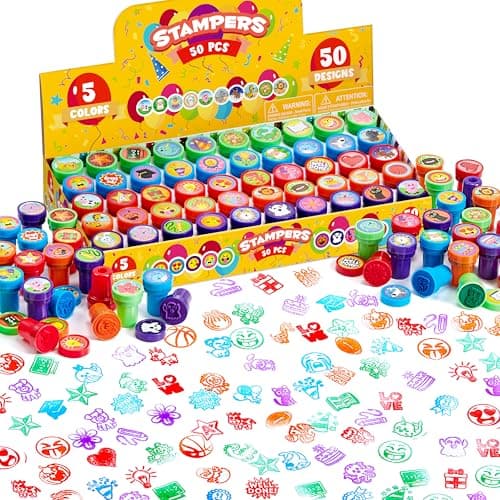 JOYIN 50 Pcs Assorted Stamps for Kids - Self-Ink Stamps with 50 Designs for Birthday Party Favor, Carnival Prizes, School Stampers, Goodie Bag, Halloween, Christmas (Zoo, Holiday Stampers) - Image 1