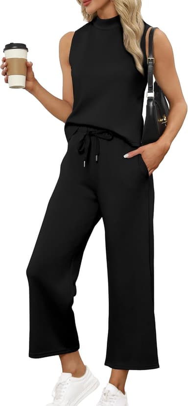 SAMPEEL Two Piece Sets for Women Summer Outfits Lounge Sets Mock Neck Tops Wide Leg Crop Pants Vacation Travel Outfits - Image 2