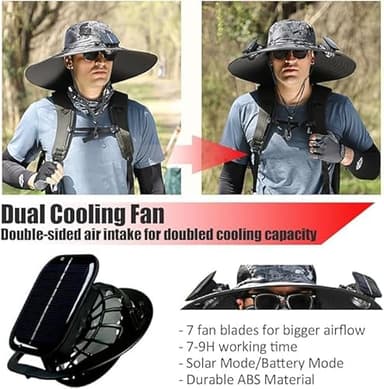 Outdoor Wide Brim Sun Hat with 2 Solar Fan Sun Bucket Hat for Men Women UPF 50+ Bucket Fishing & Beach Hat with Fan Built in (US, Alpha, Medium, XX-Large, Black) - Image 4