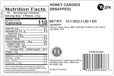 Yupik Honey Barley Sugar Candies, 2.2 lb (35.2 oz), Individually Wrapped Hard Candies, Gluten-Free, Low-Calorie, Fat-Free, Sweet Honey Flavour, Ideal for Snacking & Gifting - Image 2
