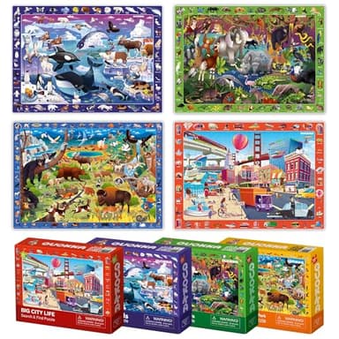 QUOKKA Puzzles for Kids Ages 4-6 - 4 x 60 Puzzles for Toddlers 5-8 - Educational Search & Find Toy for 8-10 yo for Learning Forest Polar, USA National Park Animals & City Life - Image 9