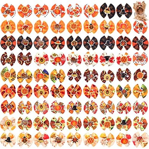 Petunny Dog Hair Bows for Thanksgiving,30Pcs Yorkie Dog Autumn Bows with Rubber Bands for Halloween Christmas Fall Party Pet Dog Cat Hair Accessories(Random Color) - Image 1
