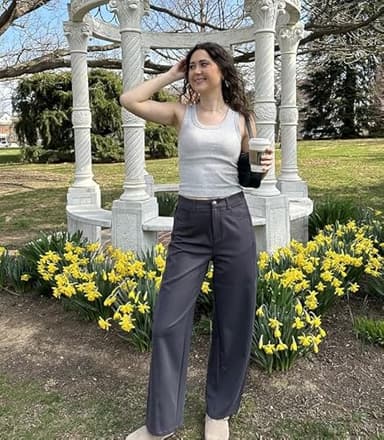 Arach&Cloz 2025 Women's Stretch Wrinkle Free Dark Grey Wide Leg Trousers Business Casual High Elastic Waisted Loose Palazzo Pants Button Down Zipper Comfy Slacks with Multiple Pockets L - Image 5