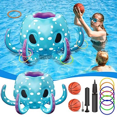 iPlay, iLearn Pool Wave Kids Octopus Pool Toys, 2-in-1 Inflatable Float Water Game, Basketball Hoop Ring Toss Outdoor Swim Play, Cool Summer Family Party Gift 3 4 5 6 7 8 Year Old Boy Girl Child-Blue - Image 6