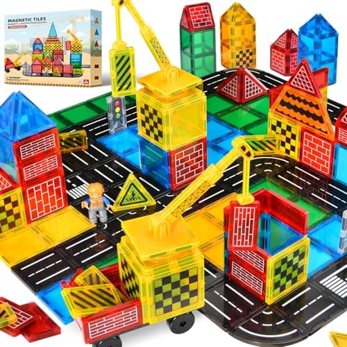 Magnetic Tiles Road Set - City Construction Building Toys, Magnetic Blocks with Extendable Crane and Car,Kids Toys for Boys & Girls Ages 3+, Creative Kids Games Gifts - Image 1