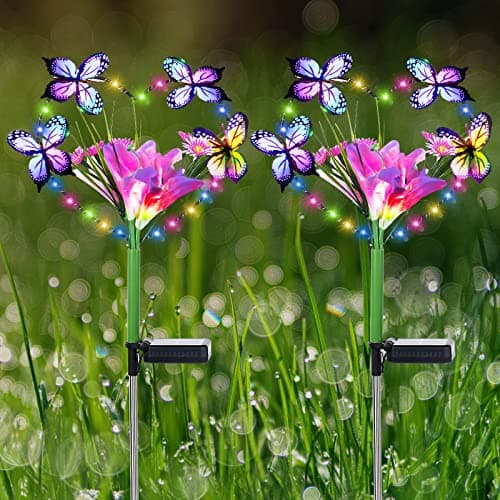Aukora Solar Garden Lights Outdoor Waterproof, A Heart-Shaped Garland Design with Artificial Butterflies ＆ Flowers, 7 Color Changing LED Beads for Patio Yard Wedding Decor, Gifts for Women (2-Pack) - Image 1