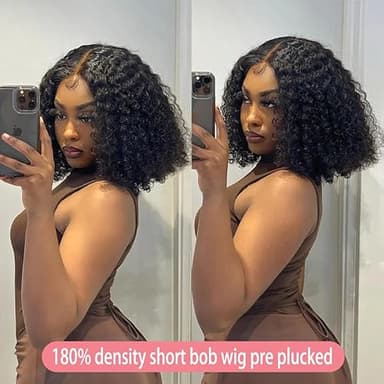 14 Inch Short Bob Wigs 13x4 Deep Wave Bob Wig Human Hair 220% Density Deep Curly 100% Virgin Human Hair Pre Plucked Wet and Wavy Glueless Transparent Lace Frontal Wig for Women Natural Hairline - Image 2