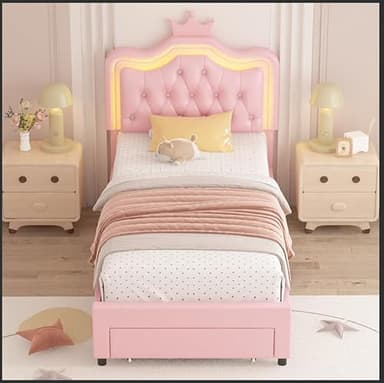 Keyluv Twin Upholstered LED Bed Frame with Storage Drawer, Leather Princess Platform Bed with Adjustable Crystal Button Tufted Crown Headboard, Solid Wooden Slats Support, No Box Spring Needed, Pink - Image 8
