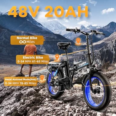 1000W Folding Electric Bike, 48V 20AH Large Removable Battery E Bike, 30+MPH, 60 Miles Max Range, 20" Fat Tire EBike for Adults, Adult Electric Bicycles for Commute Beach Snow,Dark Black - Image 6