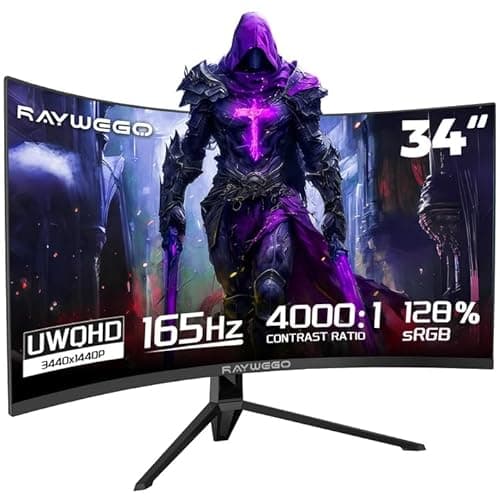 Raywego 34'' Curved Gaming Monitor 165Hz UWQHD 3440×1440P Monitor,PIP/PBP, HDR, 300nits 1ms,127% sRGB FreeSync & Eye-Care, Support VESA,Tilt Adjustment,HDMI×2 & DP 1.4×2(DP Cable Included) - Image 1