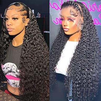 SYHGK 13x6 Deep Wave Lace Front Wigs Human Hair Wigs HD Transparent Deep Curly Lace Frontal Glueless Wigs Human Hair Lace Front Wigs Pre Plucked 150% Density Natural Black 36 Inch - Image 1